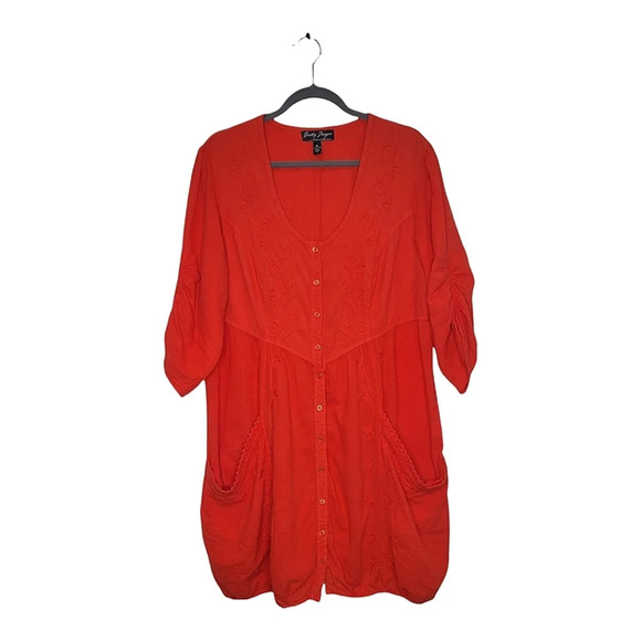 Gretty Fueger Boho Embroidered Crinkle Fire Red Dress Sz XL - Picture 3 of 12